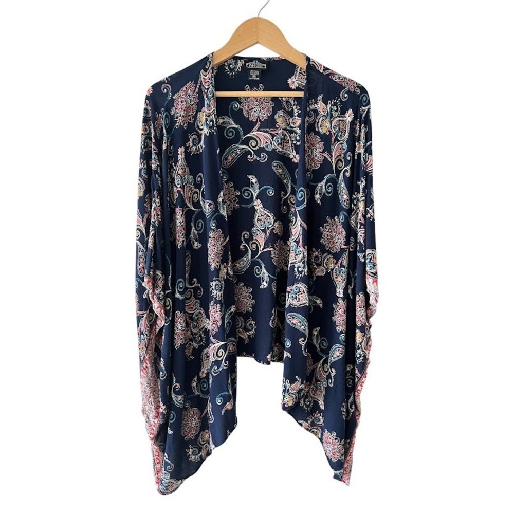 Navy Blue Paisley Kimono Cardigan Open Front Angie Womens 2X Boho Rayon Wrap